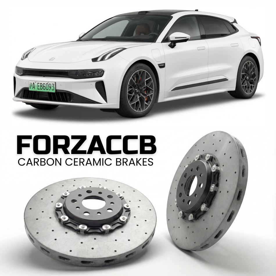 ForzaCCB direct OEM replacement carbon ceramic brake rotors for 2021 and newer Zeekr 001 models, shown with a white Zeekr 001 car.