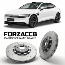 ForzaCCB direct OEM replacement carbon ceramic brake rotors for 2023 and newer Zeekr 007 models, shown with a white Zeekr 007 car.