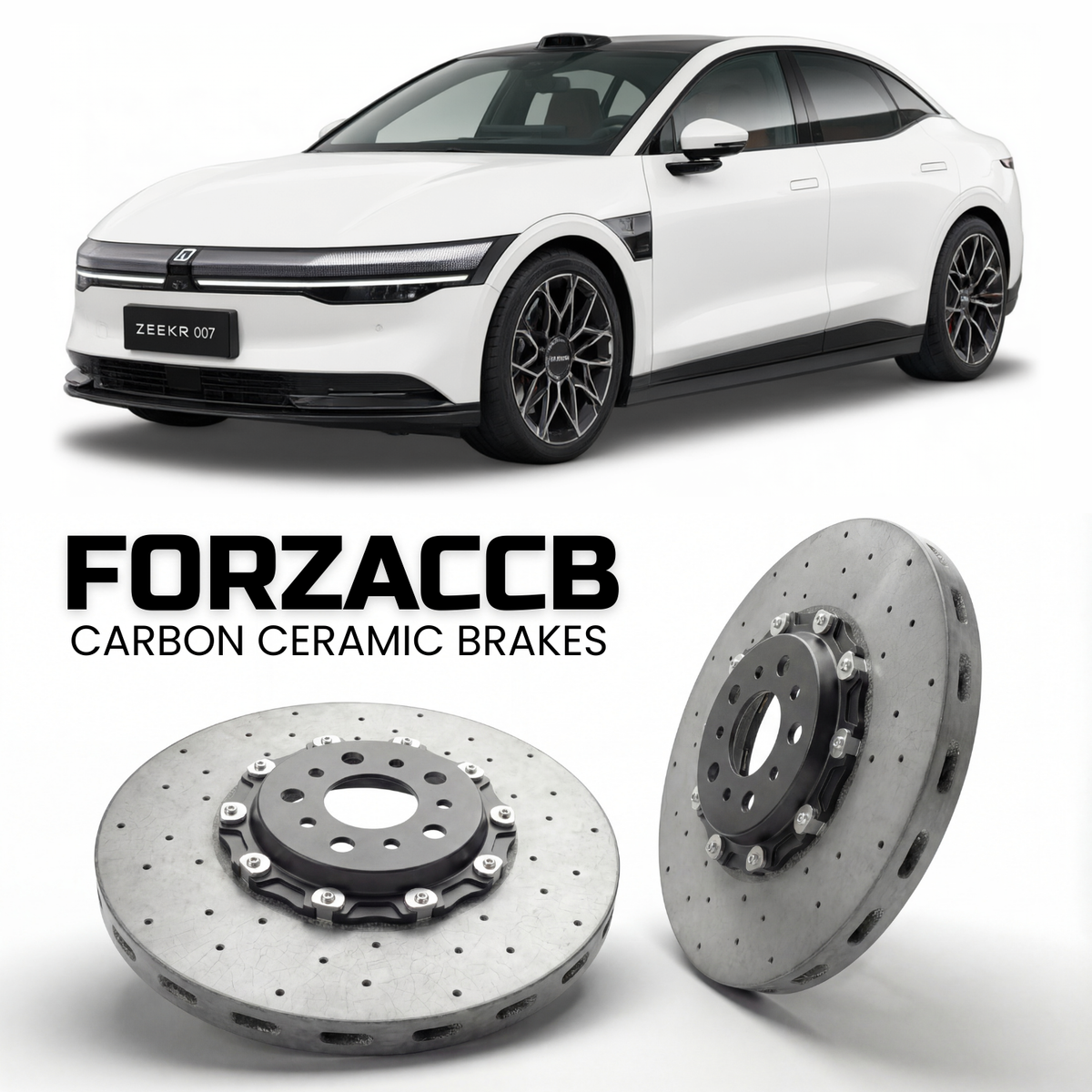 ForzaCCB direct OEM replacement carbon ceramic brake rotors for 2023 and newer Zeekr 007 models, shown with a white Zeekr 007 car.