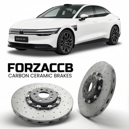 ForzaCCB direct OEM replacement carbon ceramic brake rotors for 2023 and newer Zeekr 007 models, shown with a white Zeekr 007 car.