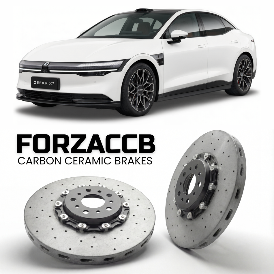 ForzaCCB direct OEM replacement carbon ceramic brake rotors for 2023 and newer Zeekr 007 models, shown with a white Zeekr 007 car.