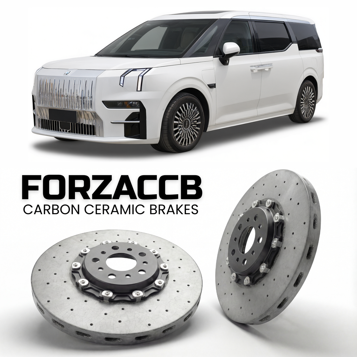 ForzaCCB direct OEM replacement carbon ceramic brake rotors for 2023 and newer Zeekr 009 models, shown with a white Zeekr 009 car.