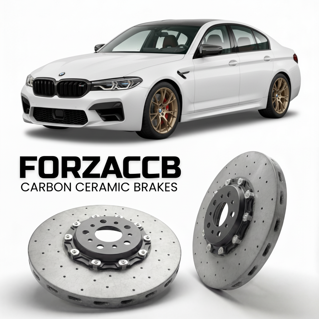 ForzaCCB direct OEM replacement carbon ceramic brake rotors for 2023 and newer Rox 01 models, shown with a white Rox 01 car.