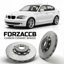 ForzaCCB direct OEM replacement carbon ceramic brake rotors for 2005 to 2013 BMW 1-Series E87 models, shown with a white BMW 1-Series car.