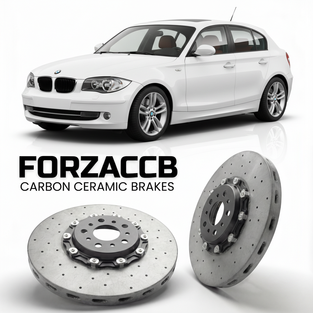 ForzaCCB direct OEM replacement carbon ceramic brake rotors for 2005 to 2013 BMW 1-Series E87 models, shown with a white BMW 1-Series car.