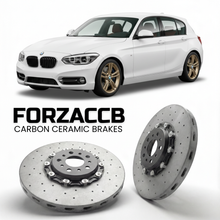 ForzaCCB direct OEM replacement carbon ceramic brake rotors for 2011 to 2019 BMW 1-Series F20 models, shown with a white BMW 1-Series car.