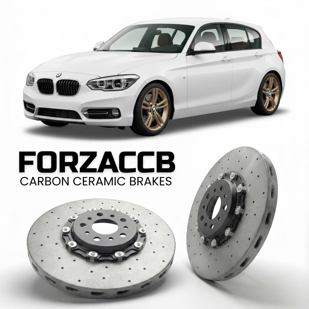 ForzaCCB direct OEM replacement carbon ceramic brake rotors for 2011 to 2019 BMW 1-Series F20 models, shown with a white BMW 1-Series car.