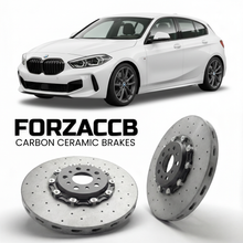 ForzaCCB direct OEM replacement carbon ceramic brake rotors for 2019 to 2024 BMW 1-Series F40 models, shown with a white BMW 1-Series car.