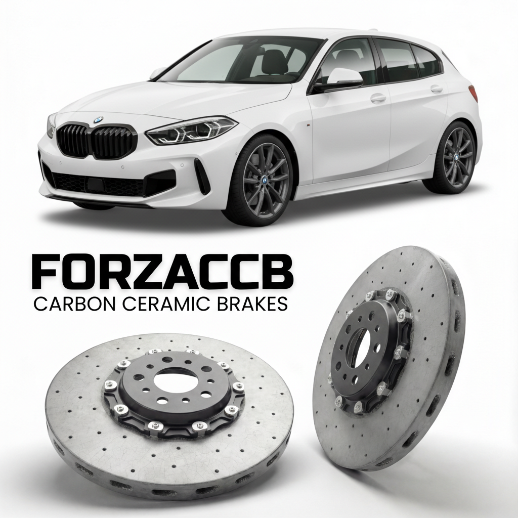 ForzaCCB direct OEM replacement carbon ceramic brake rotors for 2019 to 2024 BMW 1-Series F40 models, shown with a white BMW 1-Series car.