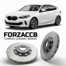 ForzaCCB direct OEM replacement carbon ceramic brake rotors for 2024- BMW 1-Series F70 models, shown with a white BMW 1-Series car.