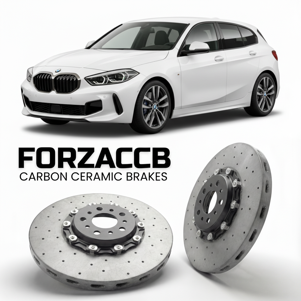 ForzaCCB direct OEM replacement carbon ceramic brake rotors for 2024- BMW 1-Series F70 models, shown with a white BMW 1-Series car.
