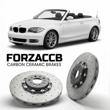 ForzaCCB direct OEM replacement carbon ceramic brake rotors for 2007 to 2013 BMW 1-Series Convertible E88 models, shown with a white BMW 1-Series Convertible car.