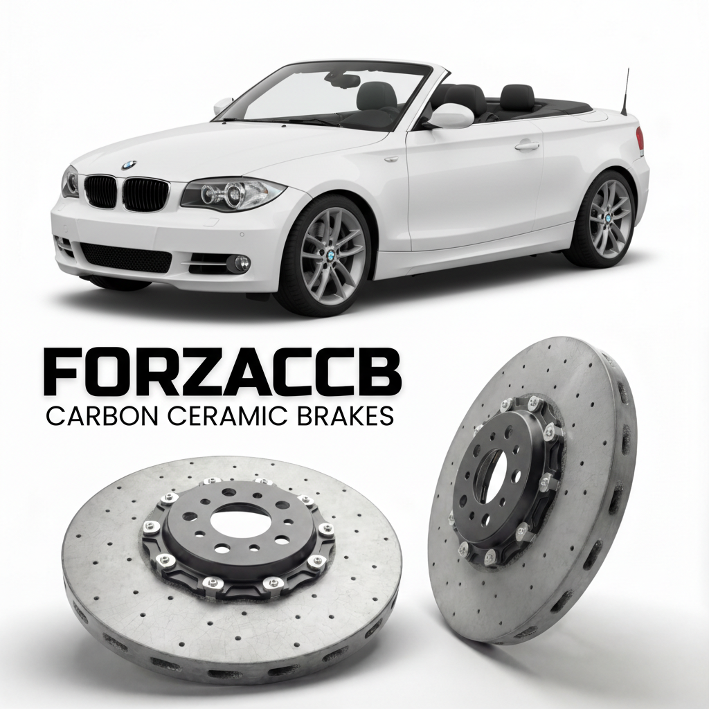 ForzaCCB direct OEM replacement carbon ceramic brake rotors for 2007 to 2013 BMW 1-Series Convertible E88 models, shown with a white BMW 1-Series Convertible car.