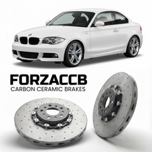 ForzaCCB direct OEM replacement carbon ceramic brake rotors for 2007 to 2013 BMW 1-Series Coupe E82 models, shown with a white BMW 1-Series Coupe car.