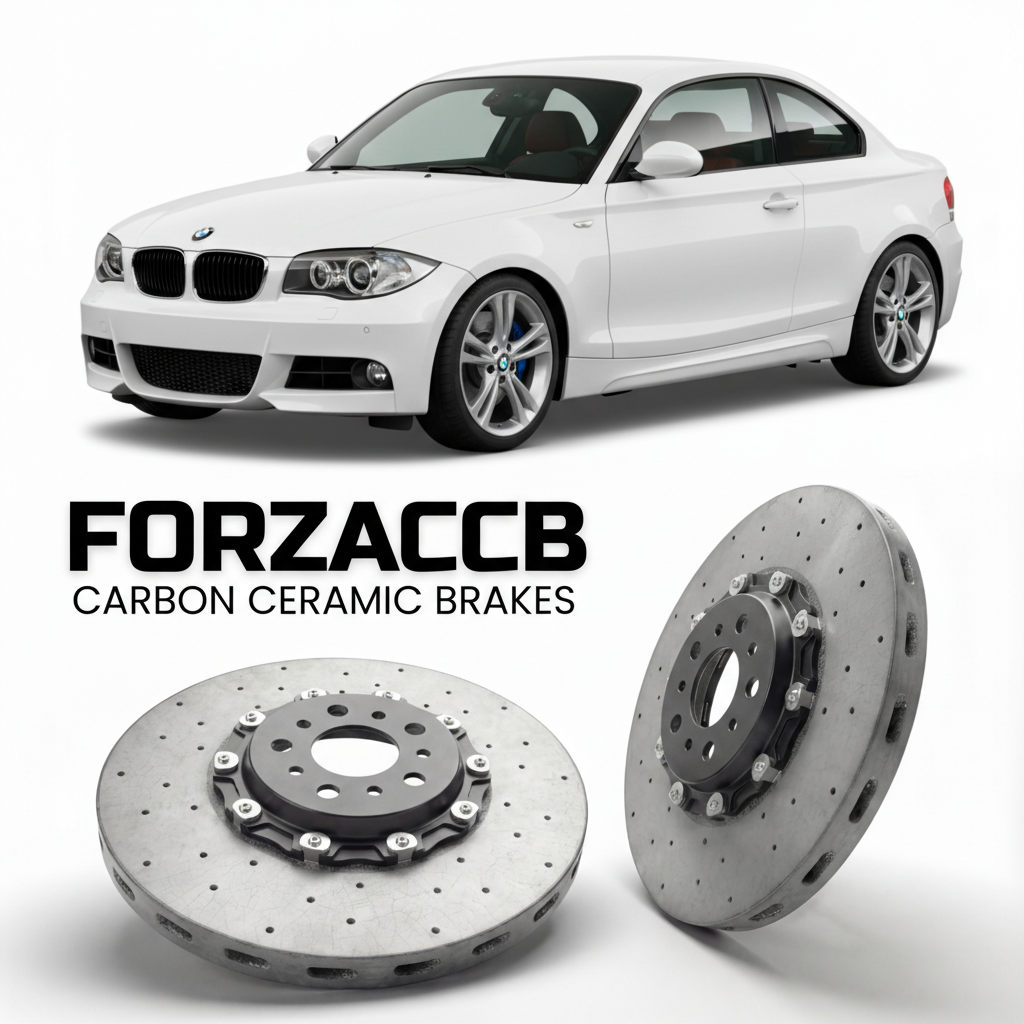 ForzaCCB direct OEM replacement carbon ceramic brake rotors for 2007 to 2013 BMW 1-Series Coupe E82 models, shown with a white BMW 1-Series Coupe car.