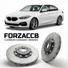ForzaCCB direct OEM replacement carbon ceramic brake rotors for 2022 to 2024 BMW 1-Series Sedan F52 models, shown with a white BMW 1-Series Sedan car.