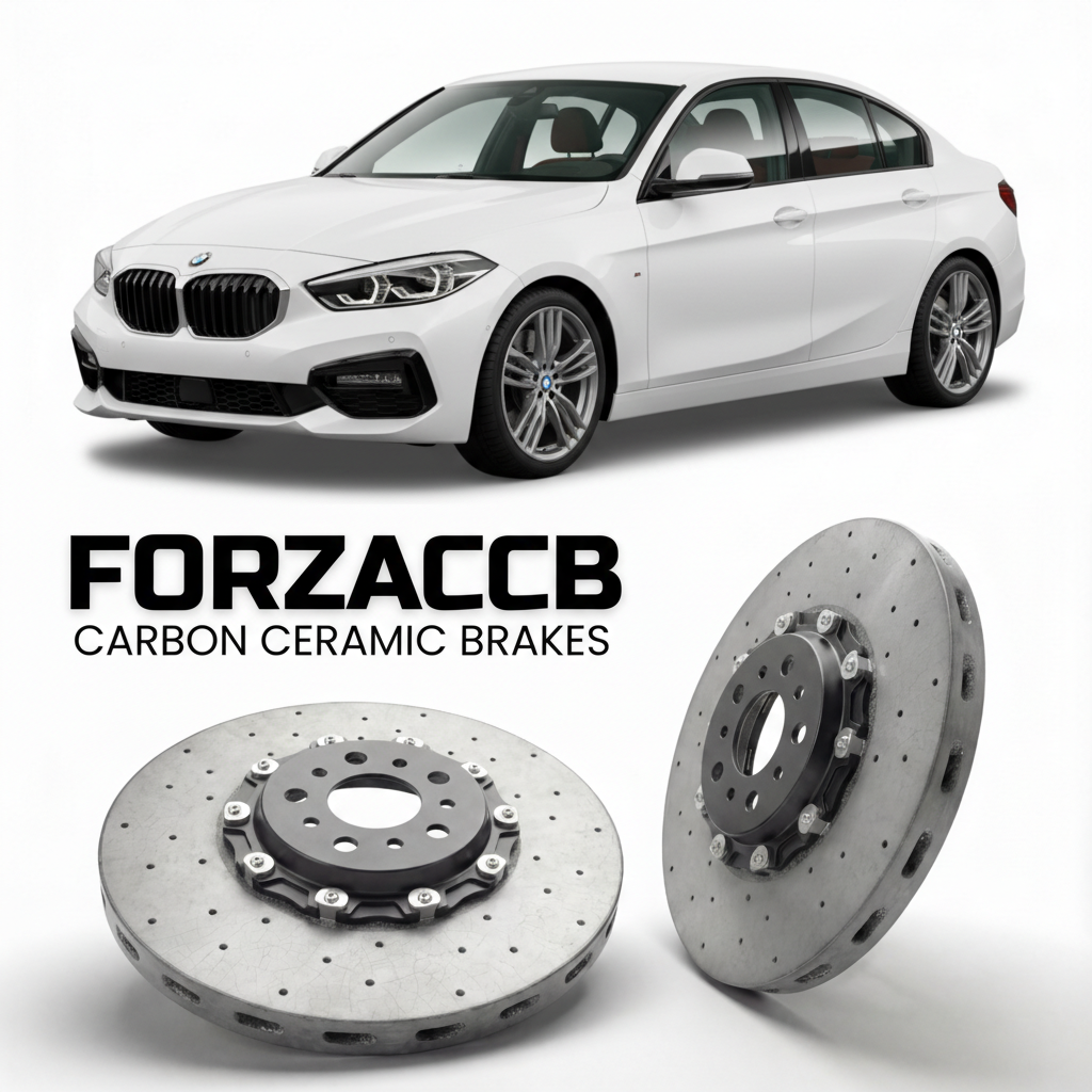ForzaCCB direct OEM replacement carbon ceramic brake rotors for 2022 to 2024 BMW 1-Series Sedan F52 models, shown with a white BMW 1-Series Sedan car.