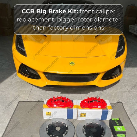 Complete carbon ceramic big brake kit unboxing, featuring a ForzaCCB rotor, Brembo calipers, Pagid Racing brake pads, and Castrol React SRF racing brake fluid on a workshop floor.