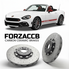 ForzaCCB direct OEM replacement carbon ceramic brake rotors for 2016 to 2019 Abarth 124 Spider models, shown with a white Abarth 124 Spider car.
