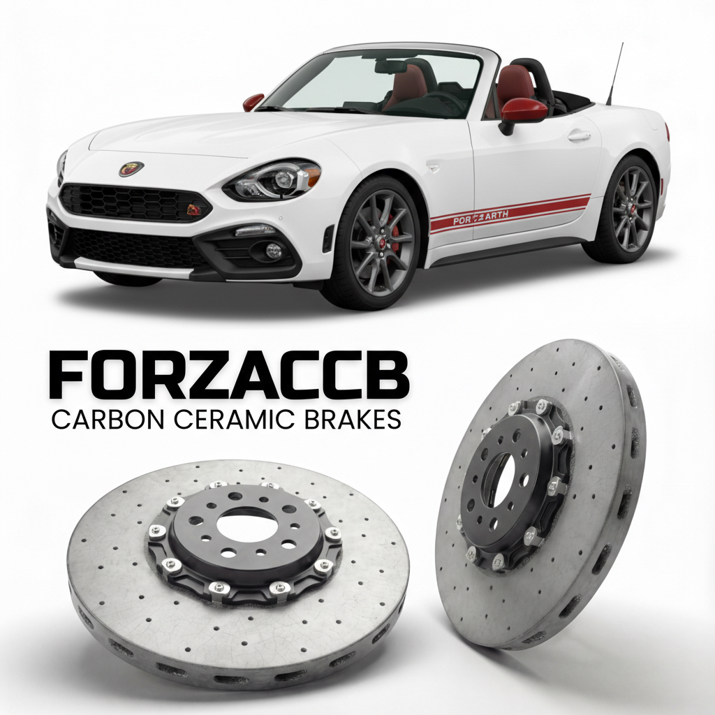 ForzaCCB direct OEM replacement carbon ceramic brake rotors for 2016 to 2019 Abarth 124 Spider models, shown with a white Abarth 124 Spider car.