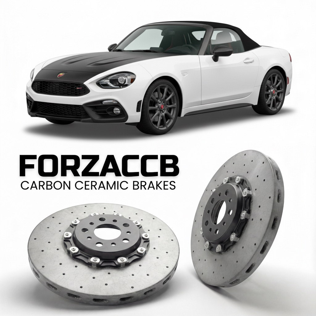 ForzaCCB direct OEM replacement carbon ceramic brake rotors for 2018 to 2019 Abarth 124 Spider Abarth 124 GT models, shown with a white Abarth 124 Spider car.