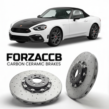 ForzaCCB direct OEM replacement carbon ceramic brake rotors for 2018 to 2019 Abarth 124 Spider Abarth 124 GT models, shown with a white Abarth 124 Spider car.