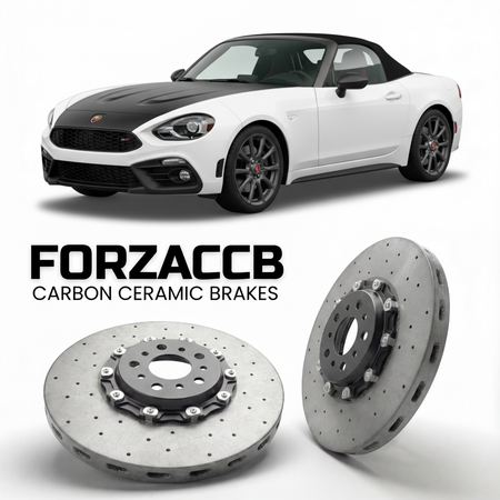 ForzaCCB direct OEM replacement carbon ceramic brake rotors for 2018 to 2019 Abarth 124 Spider Abarth 124 GT models, shown with a white Abarth 124 Spider car.