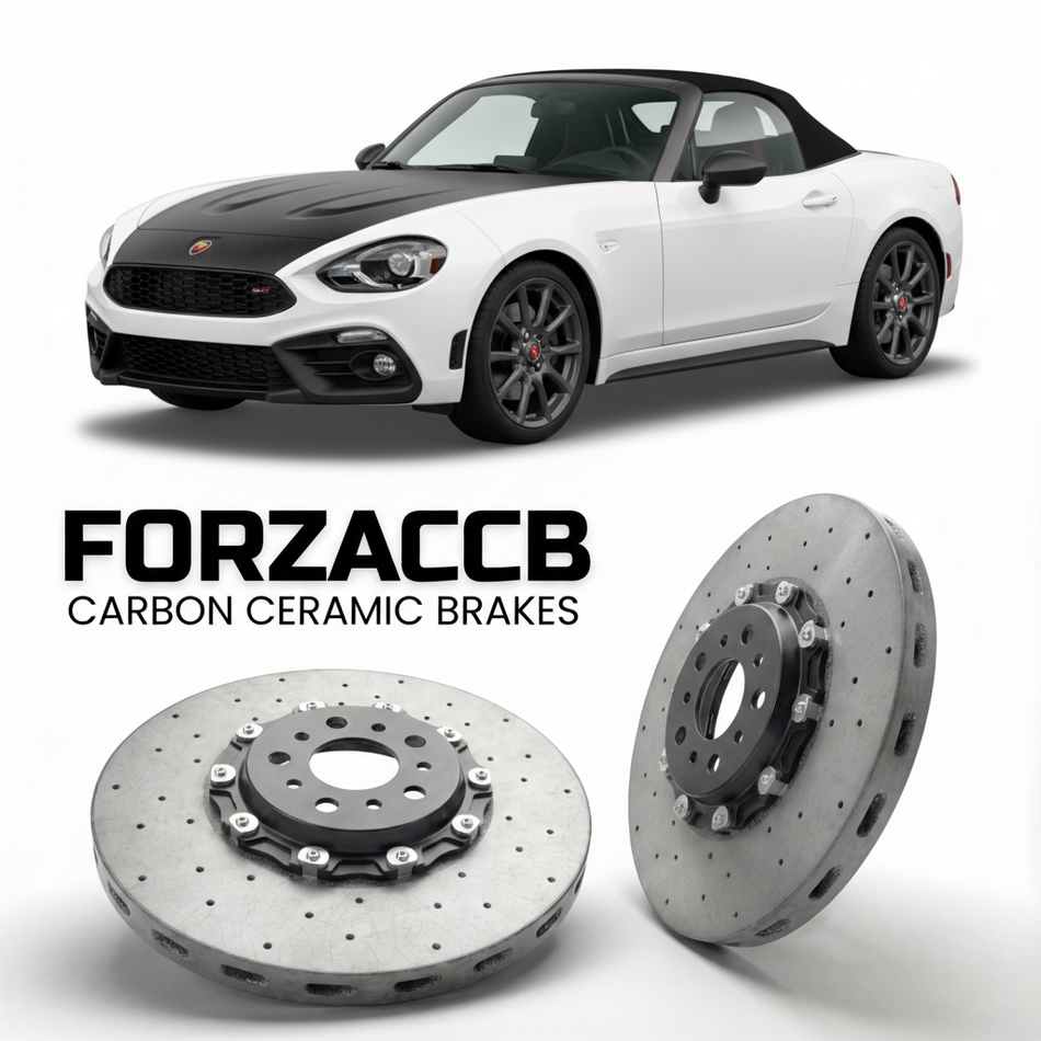 ForzaCCB direct OEM replacement carbon ceramic brake rotors for 2018 to 2019 Abarth 124 Spider Abarth 124 GT models, shown with a white Abarth 124 Spider car.