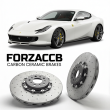 ForzaCCB direct OEM replacement carbon ceramic brake rotors for 2024 and newer Ferrari 12Cilindri models, shown with a white Ferrari 12Cilindri car.