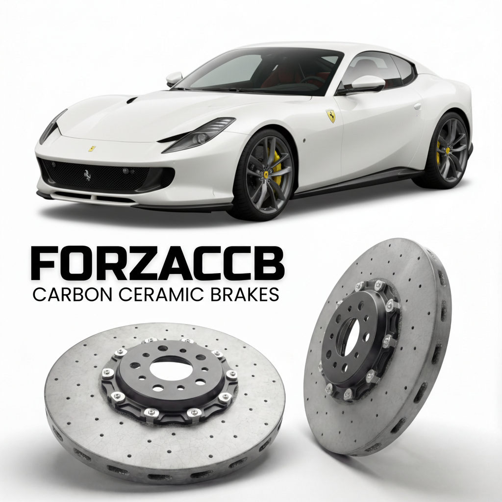 ForzaCCB direct OEM replacement carbon ceramic brake rotors for 2024 and newer Ferrari 12Cilindri models, shown with a white Ferrari 12Cilindri car.