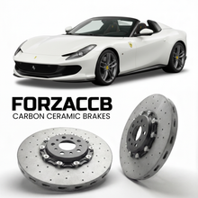 ForzaCCB direct OEM replacement carbon ceramic brake rotors for 2024 and newer Ferrari 12Cilindri Spider models, shown with a white Ferrari 12Cilindri Spider car.