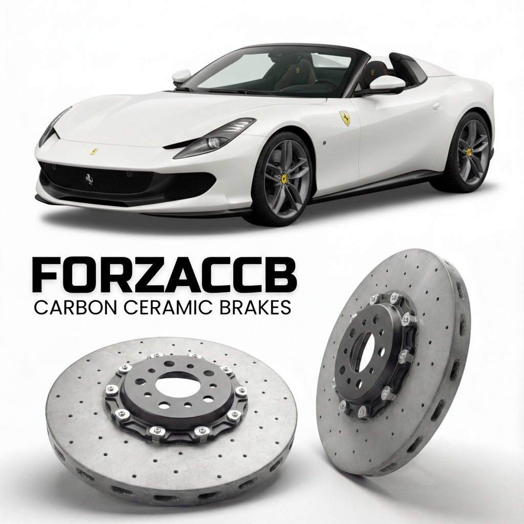 ForzaCCB direct OEM replacement carbon ceramic brake rotors for 2024 and newer Ferrari 12Cilindri Spider models, shown with a white Ferrari 12Cilindri Spider car.