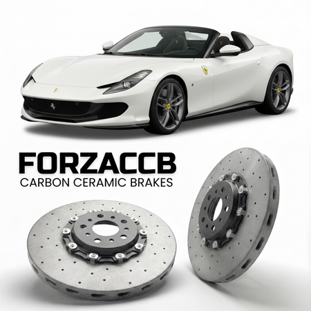 ForzaCCB direct OEM replacement carbon ceramic brake rotors for 2024 and newer Ferrari 12Cilindri Spider models, shown with a white Ferrari 12Cilindri Spider car.