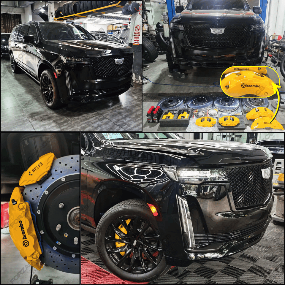 Collage of a black Cadillac Escalade-V (2024) in a garage with Brembo / Belfe brake components and parts displayed.