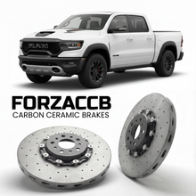ForzaCCB direct OEM replacement carbon ceramic brake rotors for 2021 to 2024 RAM 1500 TRX models, shown with a white RAM 1500 TRX car.