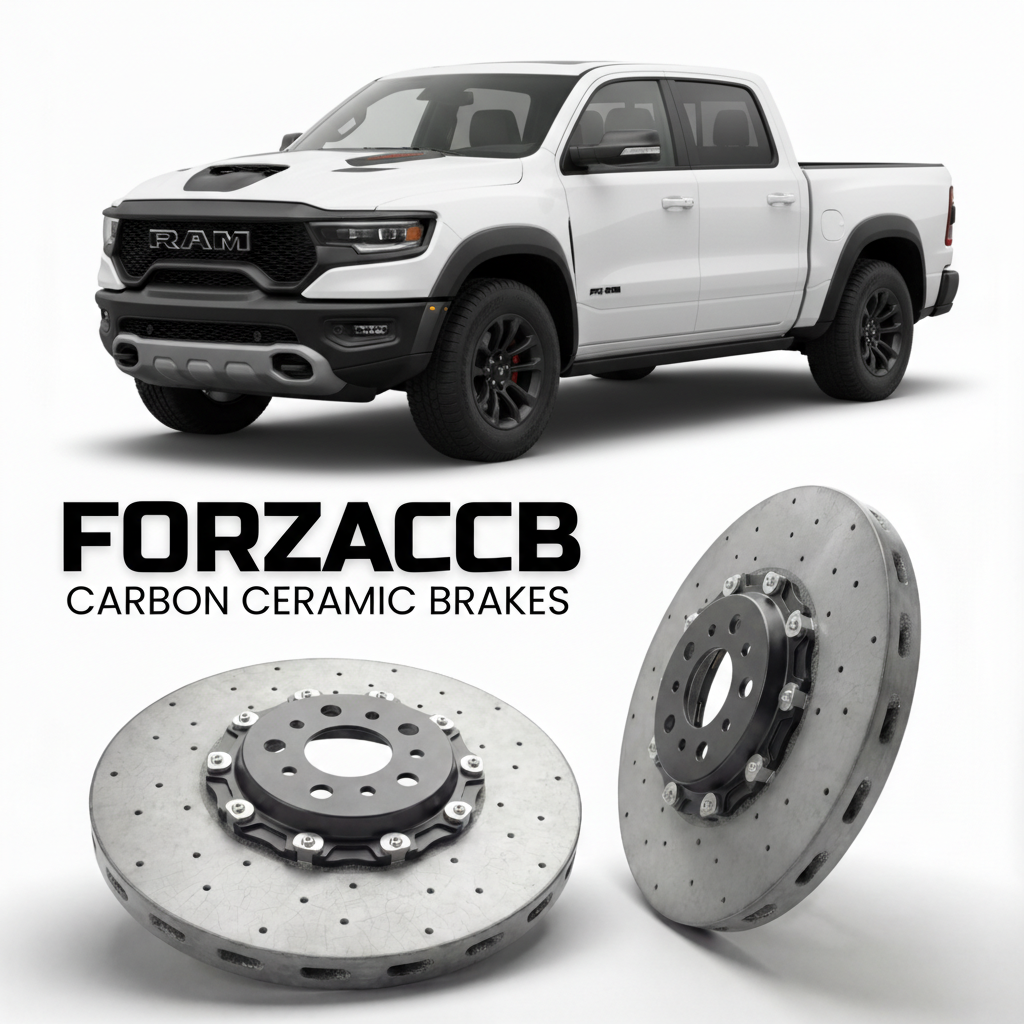 ForzaCCB direct OEM replacement carbon ceramic brake rotors for 2021 to 2024 RAM 1500 TRX models, shown with a white RAM 1500 TRX car.