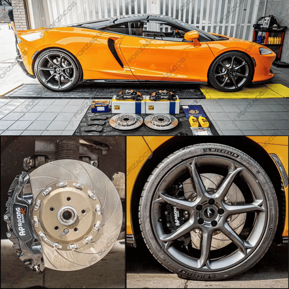 Orange McLaren GT (2021) on a lift with AP Racing brake components and wheel close-ups.