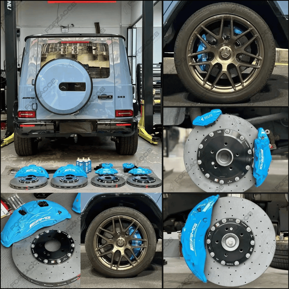 Collage of Carbon Ceramic Brake parts including a blue Mercedes-Benz G-Class G63 AMG W465 (2024).