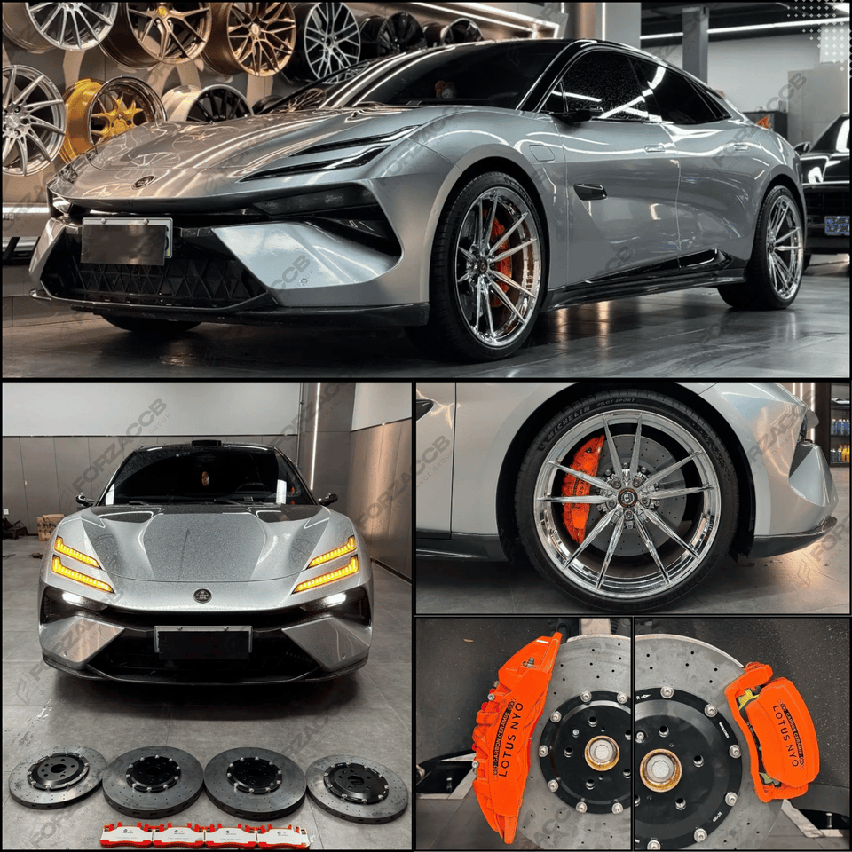 Collage of a silver Lotus Emeya (2024) and its carbon ceramic discs in a showroom setting.