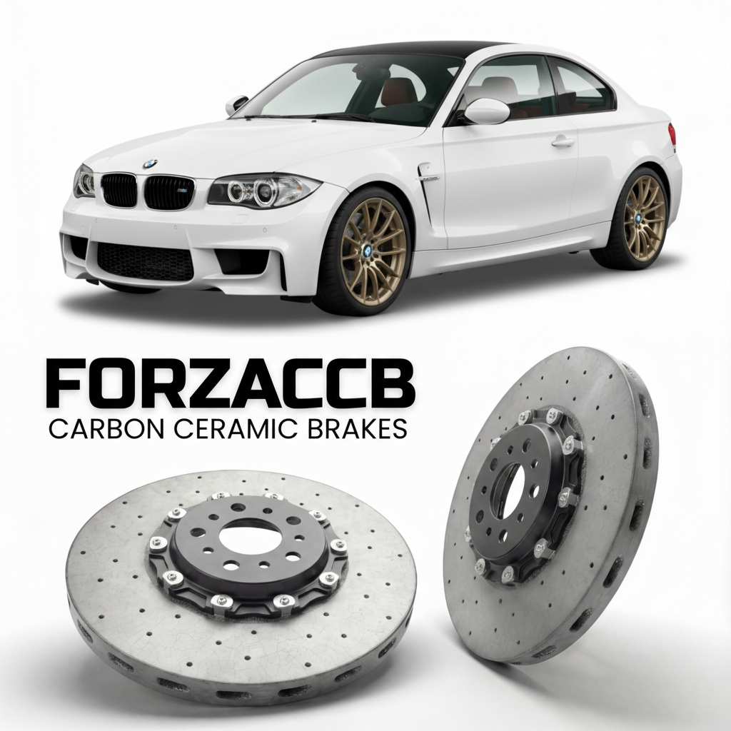 ForzaCCB direct OEM replacement carbon ceramic brake rotors for 2011 to 2012 BMW 1M E82 models, shown with a white BMW 1M car.