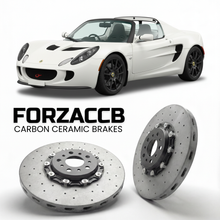 ForzaCCB direct OEM replacement carbon ceramic brake rotors for 2007 to 2011 Lotus 2-Eleven models, shown with a white Lotus 2-Eleven car.