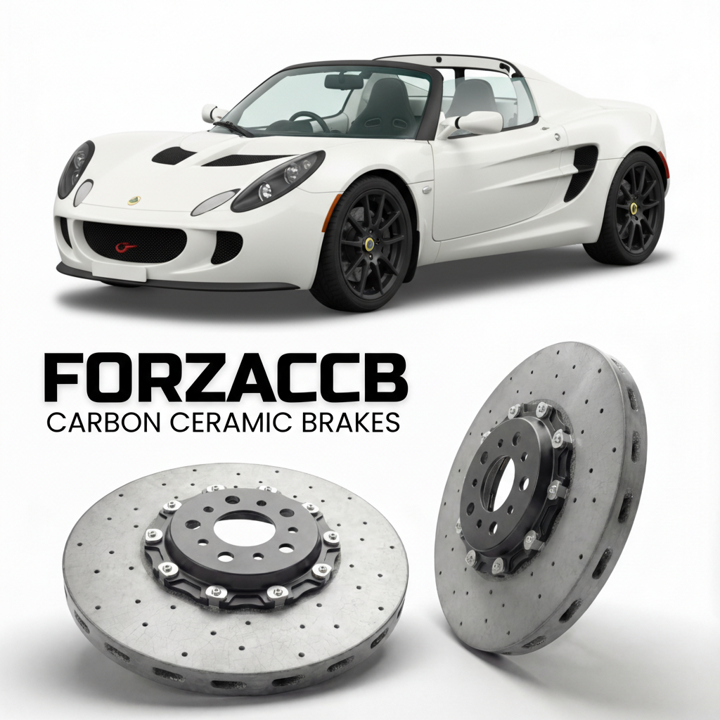 ForzaCCB direct OEM replacement carbon ceramic brake rotors for 2007 to 2011 Lotus 2-Eleven models, shown with a white Lotus 2-Eleven car.