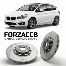 ForzaCCB direct OEM replacement carbon ceramic brake rotors for 2014 to 2021 BMW 2-Series Active Tourer F45 models, shown with a white BMW 2-Series Active Tourer car.
