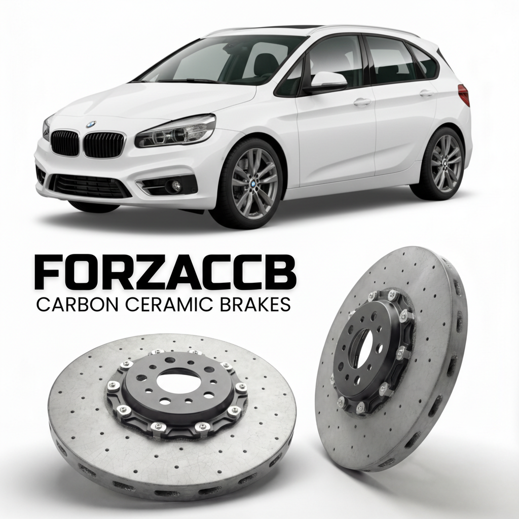 ForzaCCB direct OEM replacement carbon ceramic brake rotors for 2014 to 2021 BMW 2-Series Active Tourer F45 models, shown with a white BMW 2-Series Active Tourer car.