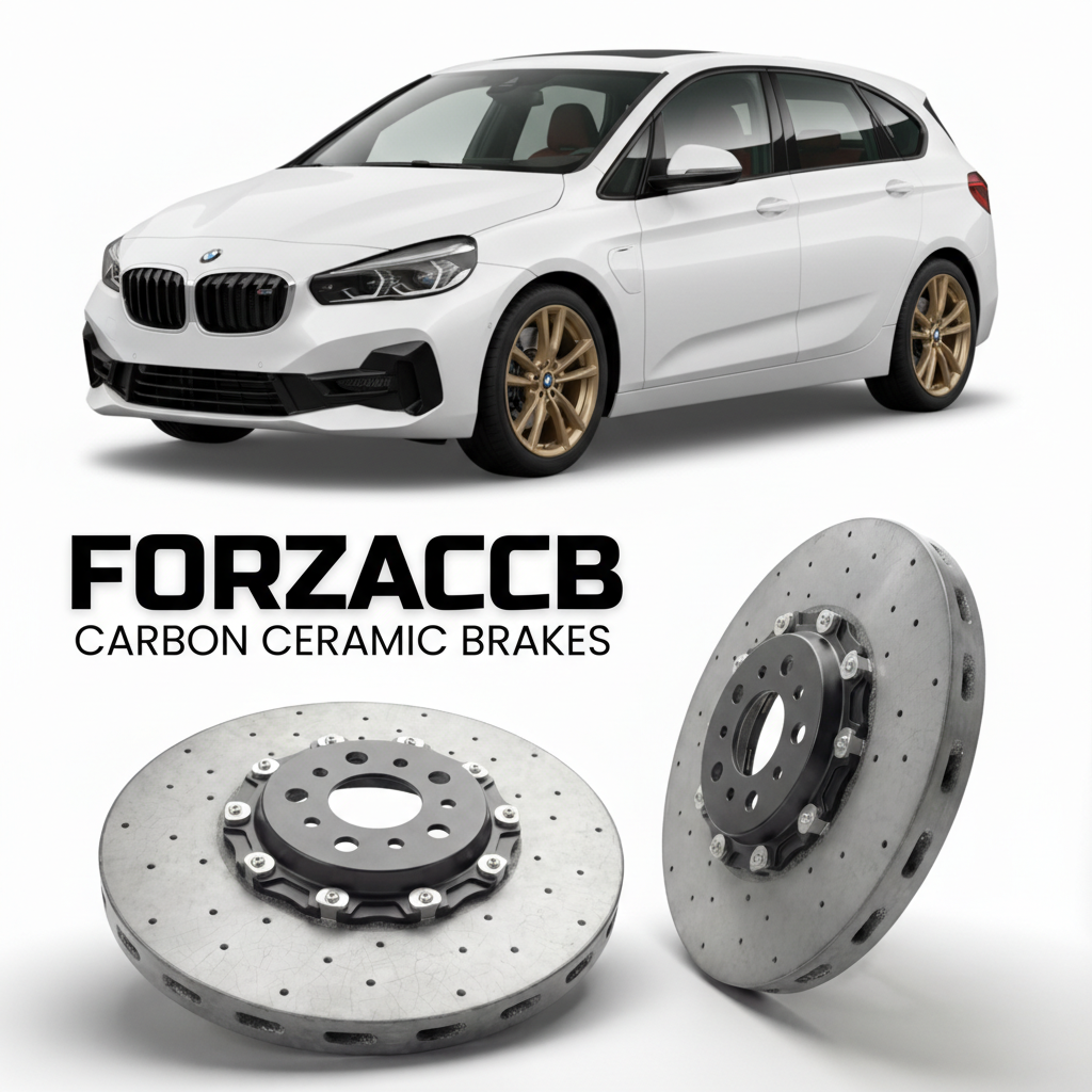 ForzaCCB direct OEM replacement carbon ceramic brake rotors for 2022- BMW 2-Series Active Tourer U06 models, shown with a white BMW 2-Series Active Tourer car.