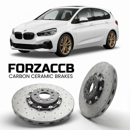 ForzaCCB direct OEM replacement carbon ceramic brake rotors for 2022- BMW 2-Series Active Tourer U06 models, shown with a white BMW 2-Series Active Tourer car.