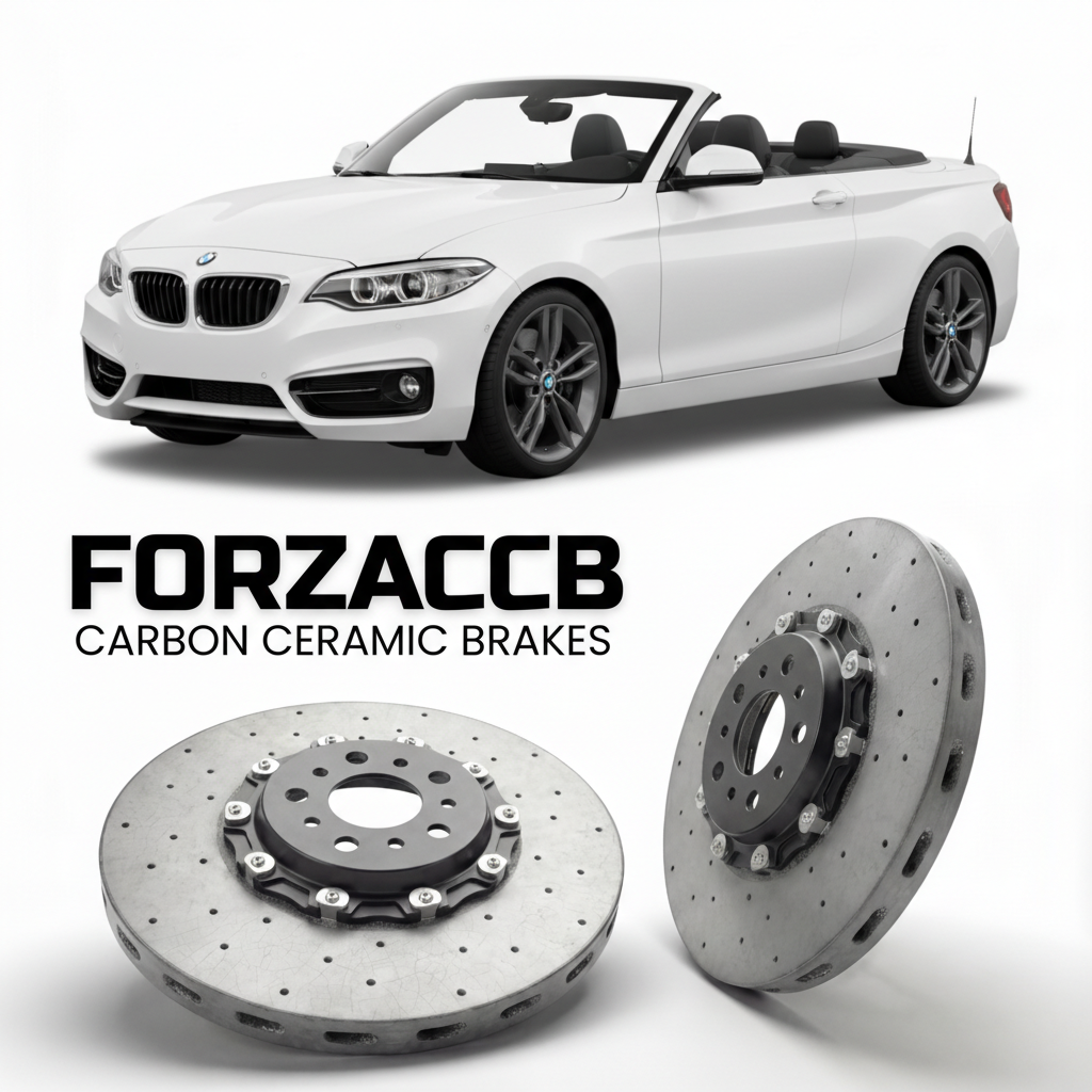 ForzaCCB direct OEM replacement carbon ceramic brake rotors for 2014 to 2021 BMW 2-Series Convertible F23 models, shown with a white BMW 2-Series Convertible car.