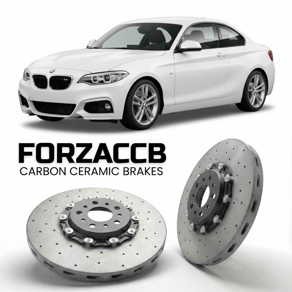 ForzaCCB direct OEM replacement carbon ceramic brake rotors for 2014 to 2021 BMW 2-Series Coupe F22 models, shown with a white BMW 2-Series Coupe car.