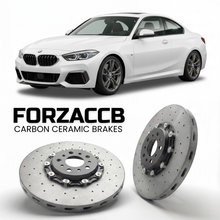 ForzaCCB direct OEM replacement carbon ceramic brake rotors for 2021- BMW 2-Series Coupe G42 models, shown with a white BMW 2-Series Coupe car.