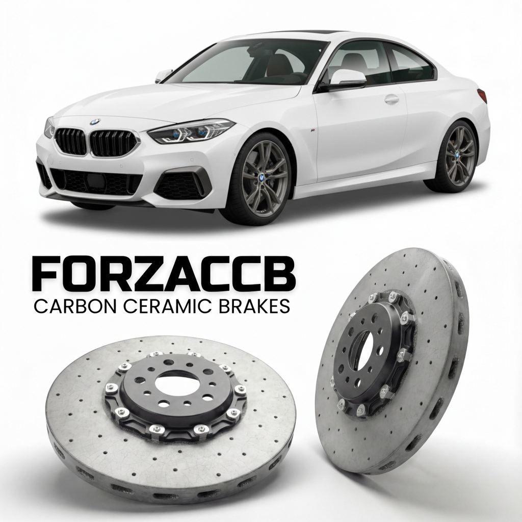 ForzaCCB direct OEM replacement carbon ceramic brake rotors for 2021- BMW 2-Series Coupe G42 models, shown with a white BMW 2-Series Coupe car.